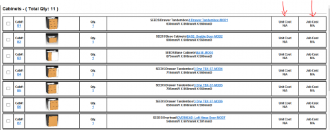 Cabinet price not available in unit cost and job cost