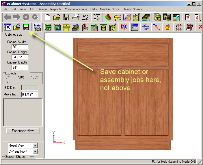 Cabinets and assemblies must be saved from the Editor area, not in the Custom Layout area